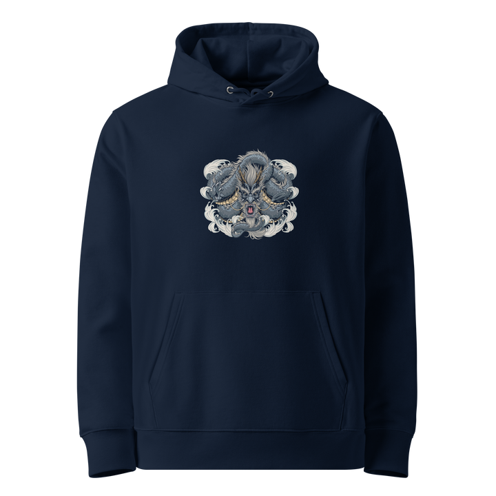 Steel Coiled Dragon Navy Hoodie featuring a front print of a steel-gray dragon in a Japanese-inspired circular design.