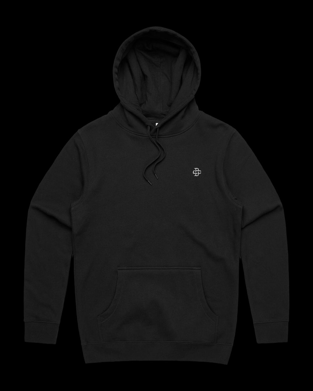 black hoodie with dc monogram embroidery on left chest