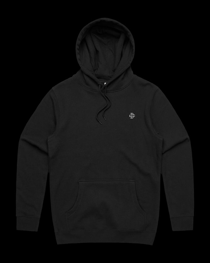 black hoodie with dc monogram embroidery on left chest
