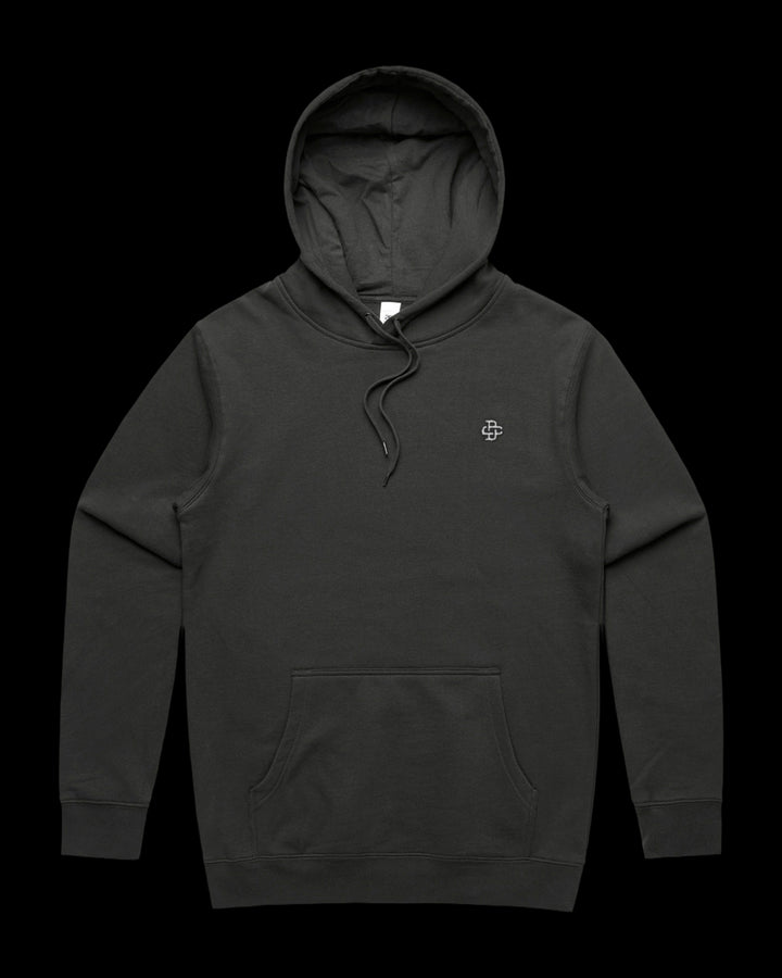 black hoodie with dc monogram embroidery on left chest