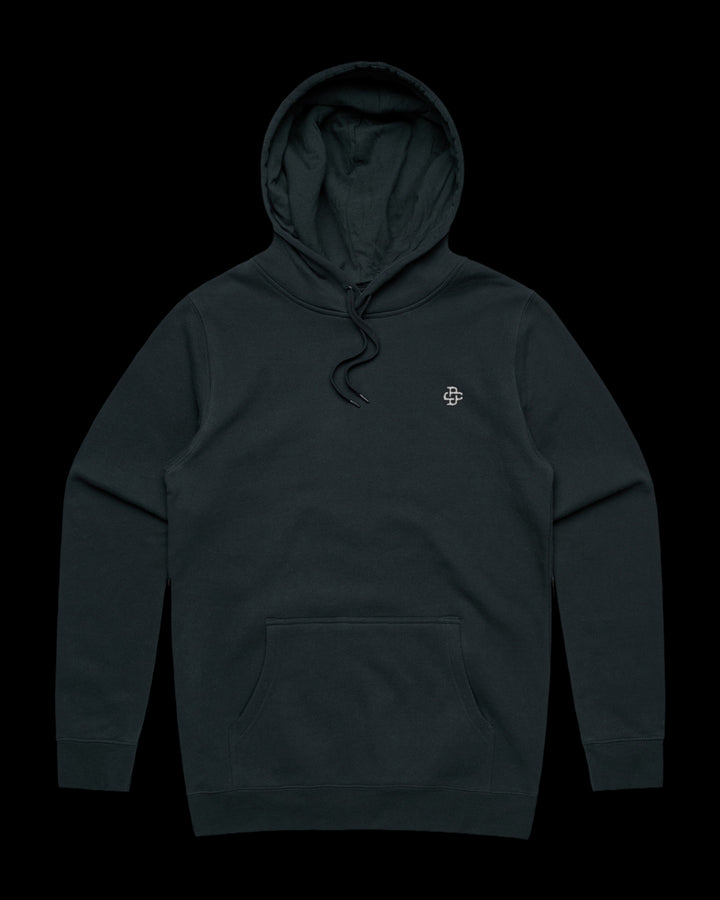 navy hoodie with dc monogram embroidery on left chest