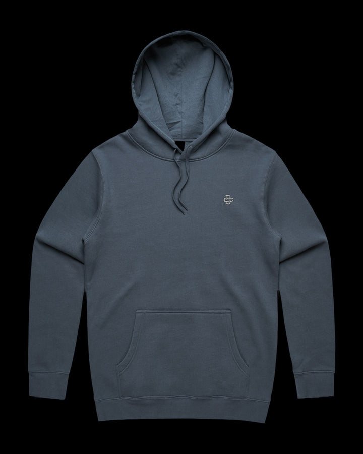 petrol blue hoodie with dc monogram embroidery on left chest