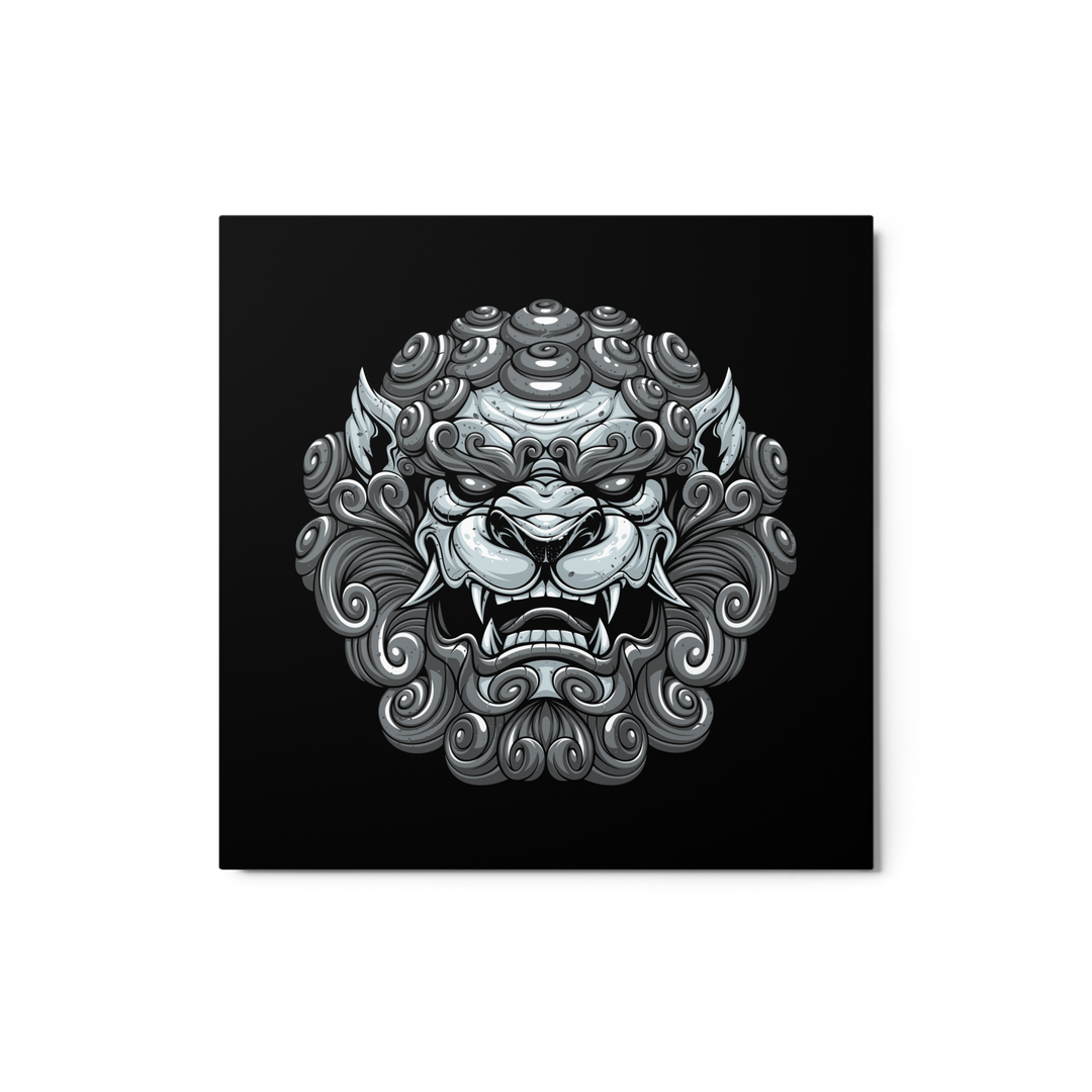 A stone-silver-toned metal print featuring a detailed guardian lion design with an intricate mane and fierce expression, inspired by Japanese culture.

