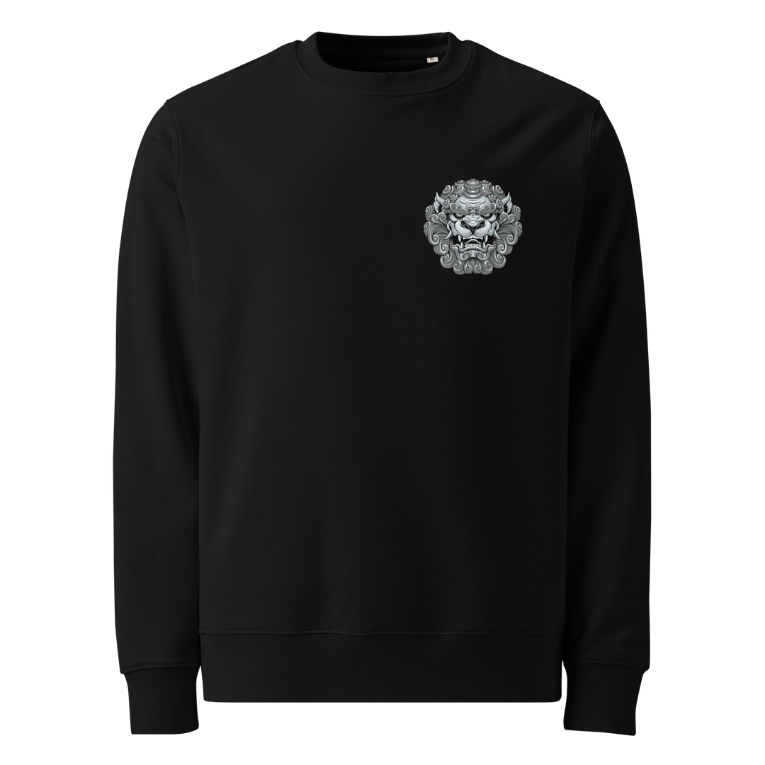 Stone Komainu Sweatshirt – Left chest print featuring a detailed stone grey guardian lion-dog head on a black sweatshirt.