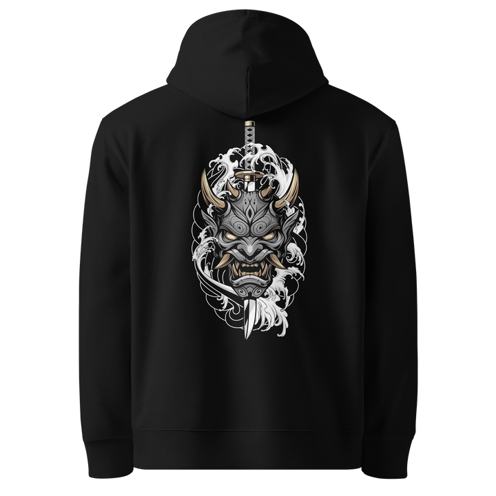 Stone Oni Mask Hoodie – Large back print featuring a stone-gray oni mask with swirling smoke and a katana hilt emerging from the top, set against a black hoodie.