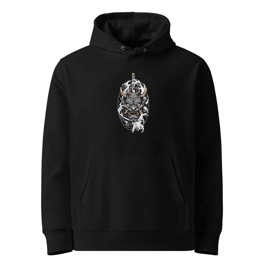 Stone Oni Mask Hoodie – Front center print featuring a grayscale samurai-inspired oni mask with swirling smoke on a black hoodie.