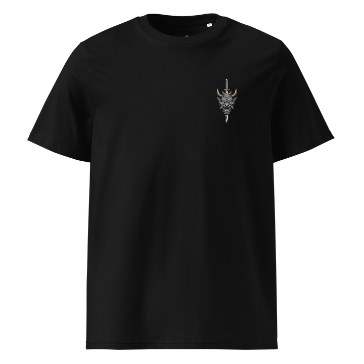 A premium black t-shirt featuring a stone-colored Oni mask with horns and a blade piercing through it, positioned on the left chest.