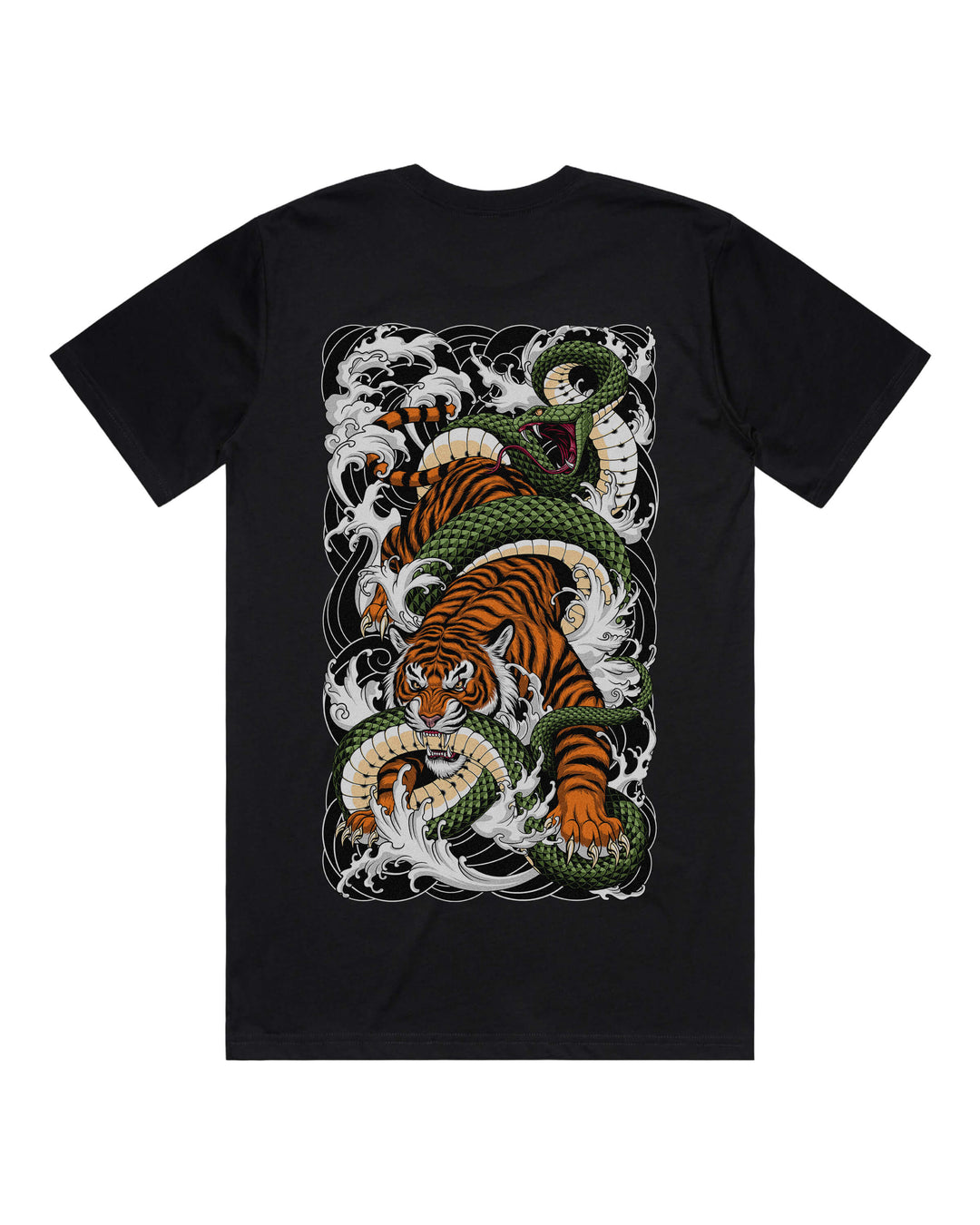 Black graphic t-shirt with large irezumi tiger striking snake back print