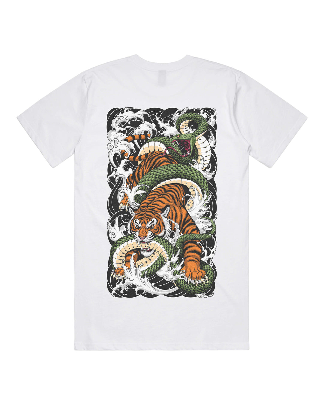 White graphic t-shirt with large irezumi tiger striking snake back print