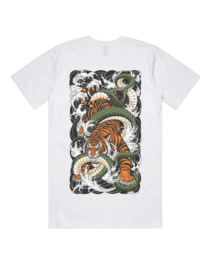 White graphic t-shirt with large irezumi tiger striking snake back print