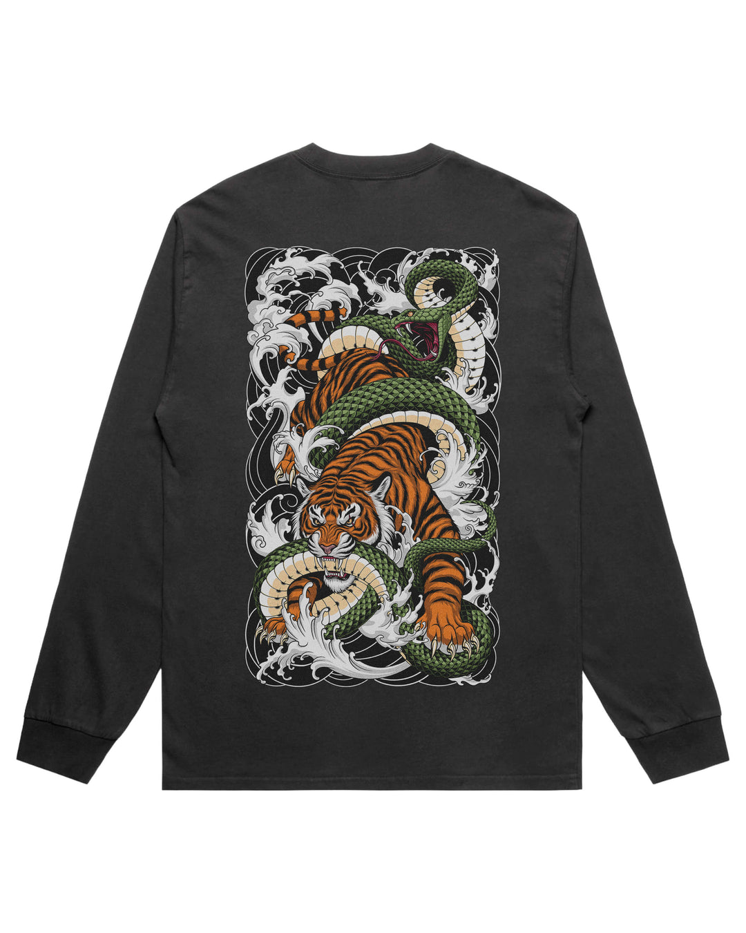 A black long-sleeve t-shirt with a large graphic print on the back featuring a green and orange dragon fighting a tiger amidst white waves.