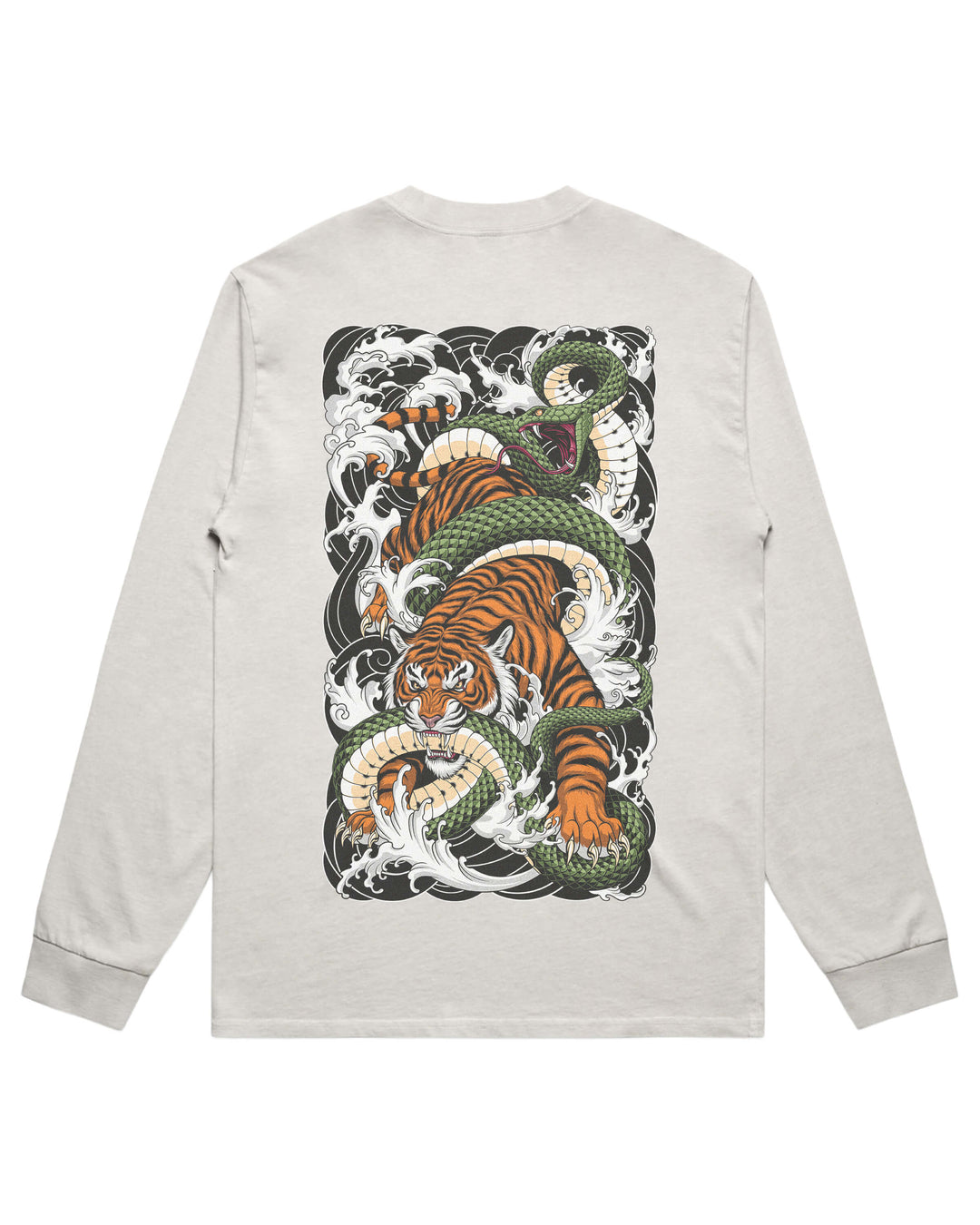 Faded bone long-sleeve t-shirt shown from the back, featuring a large graphic print of a green snake and an orange tiger amidst white waves.