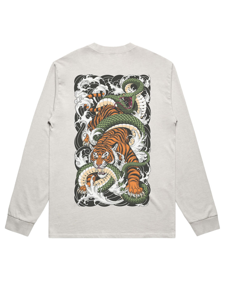 Faded bone long-sleeve t-shirt shown from the back, featuring a large graphic print of a green snake and an orange tiger amidst white waves.