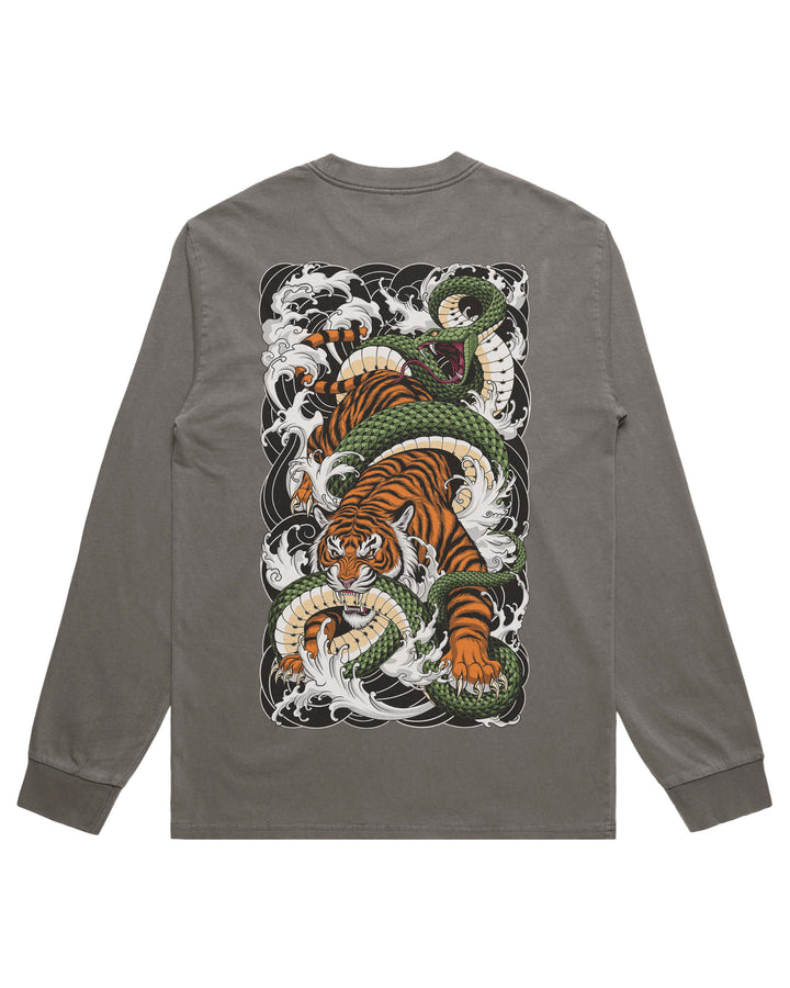 A long-sleeve t-shirt in dark gray, featuring a large graphic print on the back with an orange and black tiger, a green snake, and white waves.