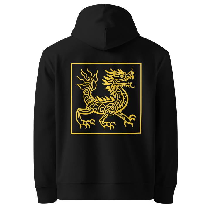 A black hoodie showcasing a vibrant yellow tribal-style dragon design on the left chest.