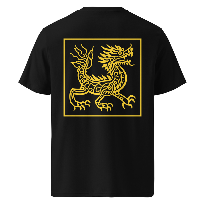 A black t-shirt showcasing a bold tribal-style design of a yellow serpent within a square frame on the back, inspired by traditional tribal art.