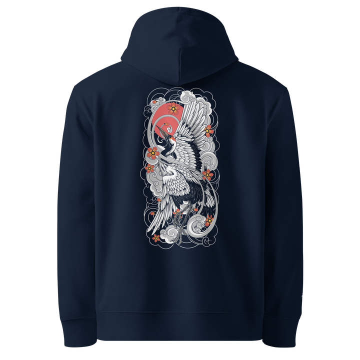 Sunrise Symphony Graphic Hoodie in French Navy featuring a crane and rising sun on the back.