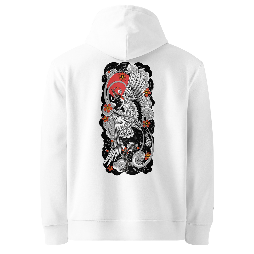 WSunrise Symphony Graphic Hoodie in White featuring a crane and rising sun on the back. new beginnings and peace