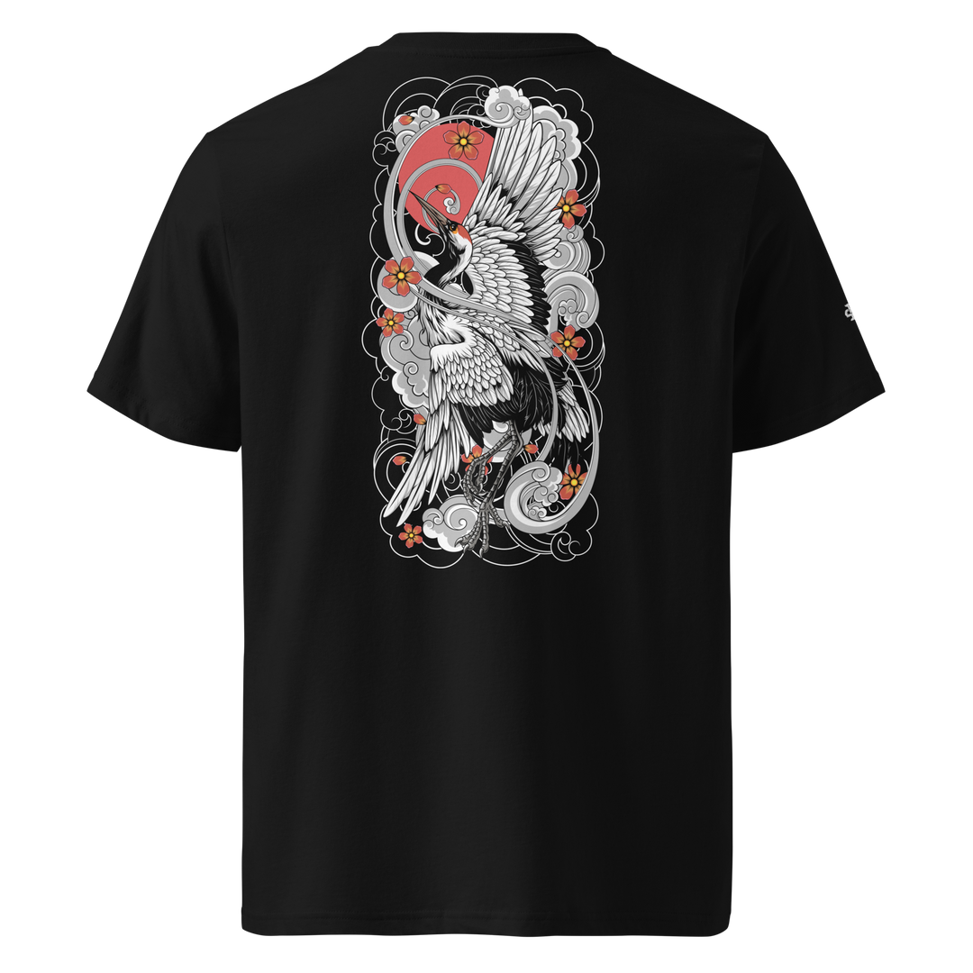 Black Sunrise Symphony Graphic Tee featuring a back print of a crane soaring with the rising sun, inspired by Japanese Irezumi art