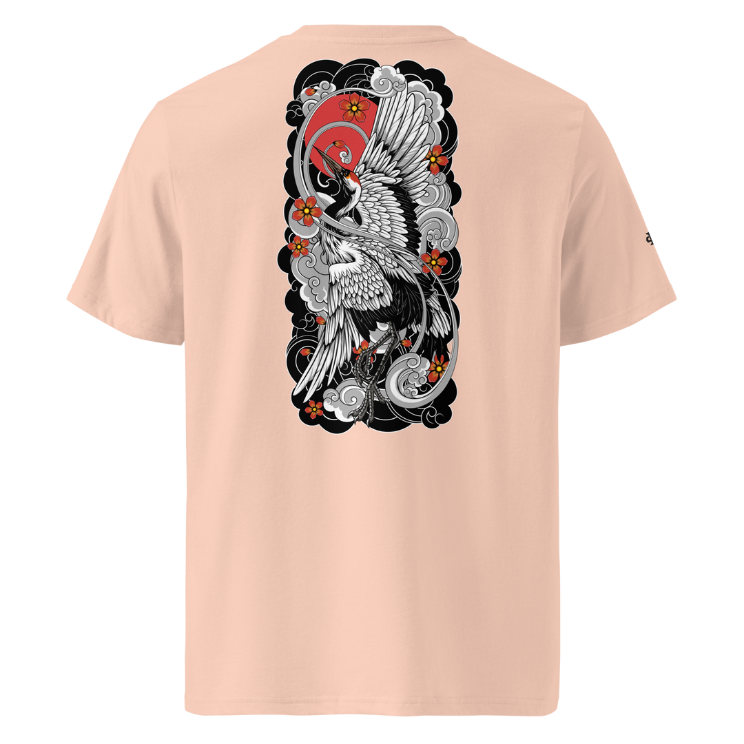 Fraiche Peche Sunrise Symphony Graphic Tee with a back print of a crane and rising sun, inspired by Japanese Irezumi tattoo art