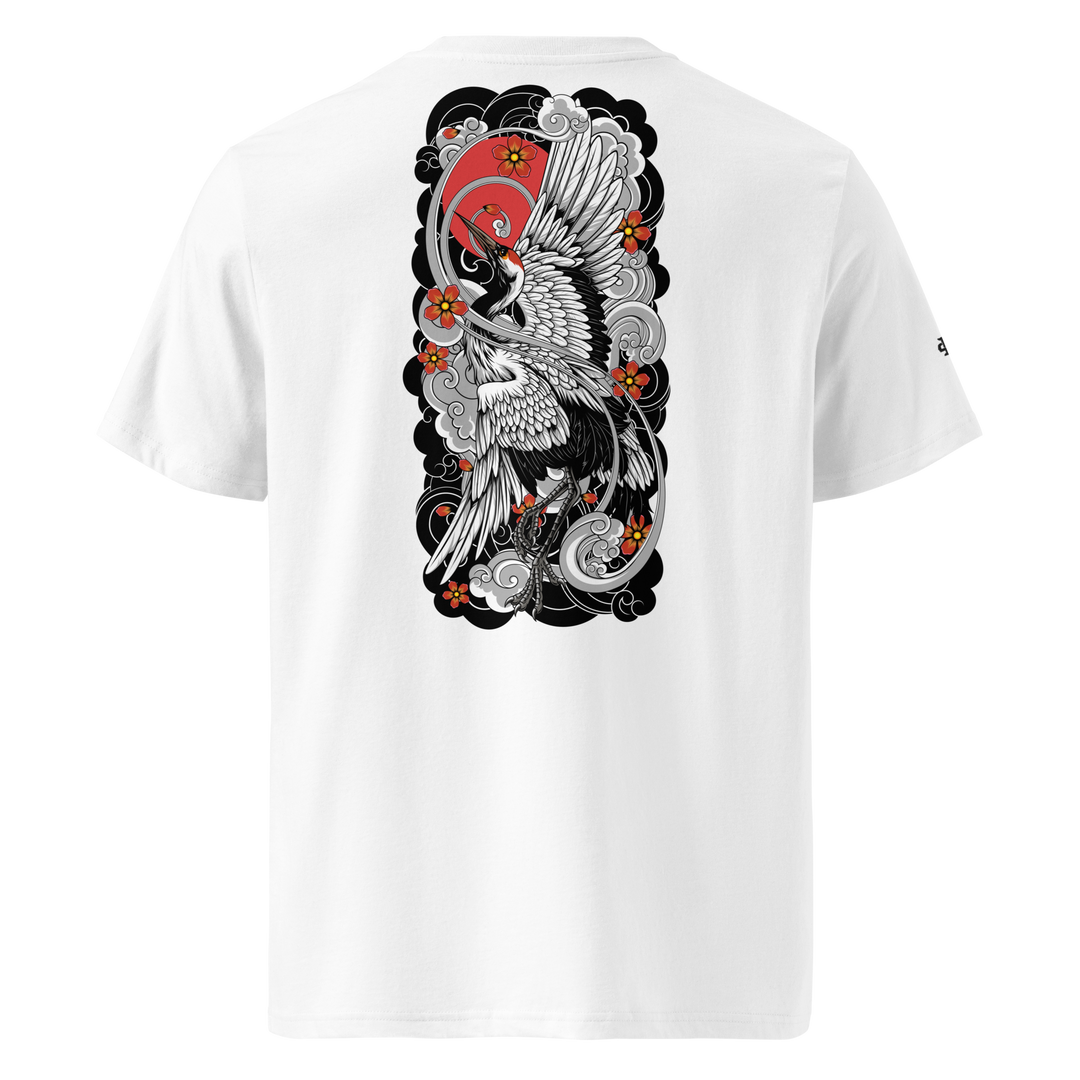 White Sunrise Symphony Graphic Tee with a back print of a crane and rising sun, blending Japanese tattoo art with modern streetwear