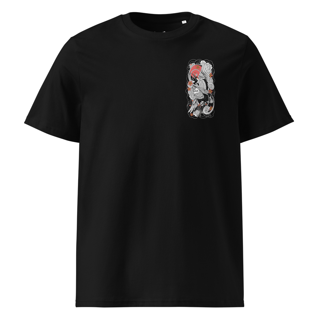 Black Sunrise Symphony Graphic Tee featuring a left chest print of a crane and rising sun, inspired by Japanese Irezumi art