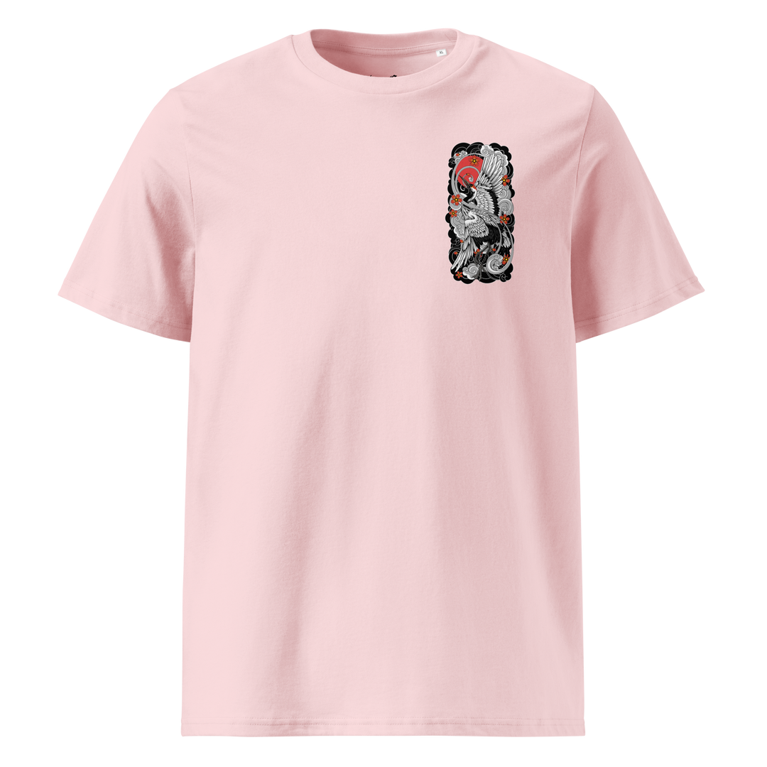 Cotton Pink Sunrise Symphony Graphic Tee with a left chest print of a crane and the rising sun, blending Japanese Irezumi symbolism with streetwear style