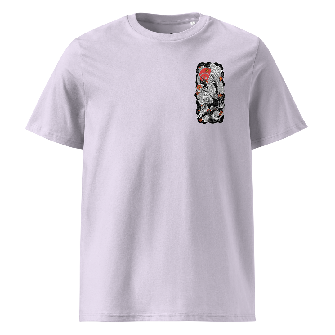 Lavender Sunrise Symphony Graphic Tee with a left chest print of a crane and sun, blending traditional Japanese tattoo motifs with modern streetwear