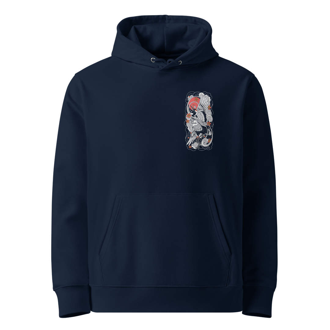 Sunrise Symphony Graphic Hoodie in French Navy with a crane and rising sun left chest print.