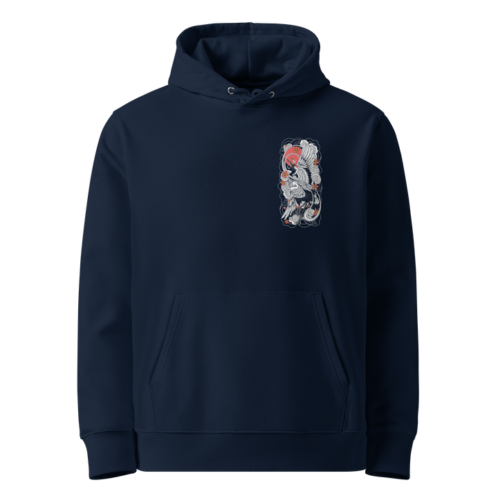 Sunrise Symphony Graphic Hoodie in French Navy with a crane and rising sun left chest print.