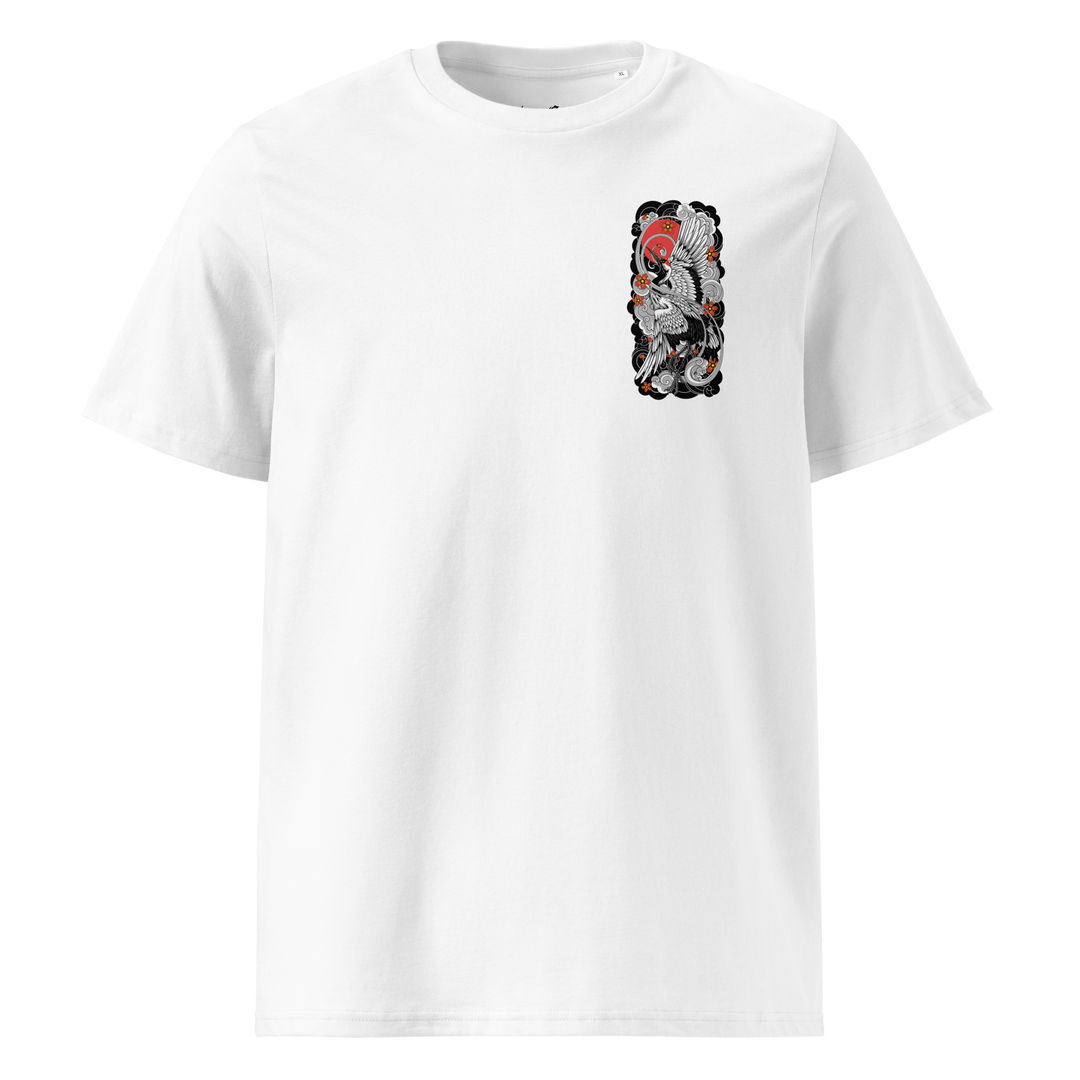 Sunrise Symphony white t-shirt with left chest print of a crane against the rising sun, inspired by traditional Japanese tattoo art.