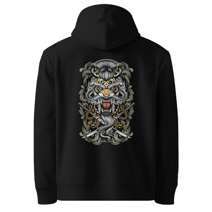 Black Takeshi's Tiger Graphic Hoodie with a detailed back print of a tiger head wearing a beaded necklace.