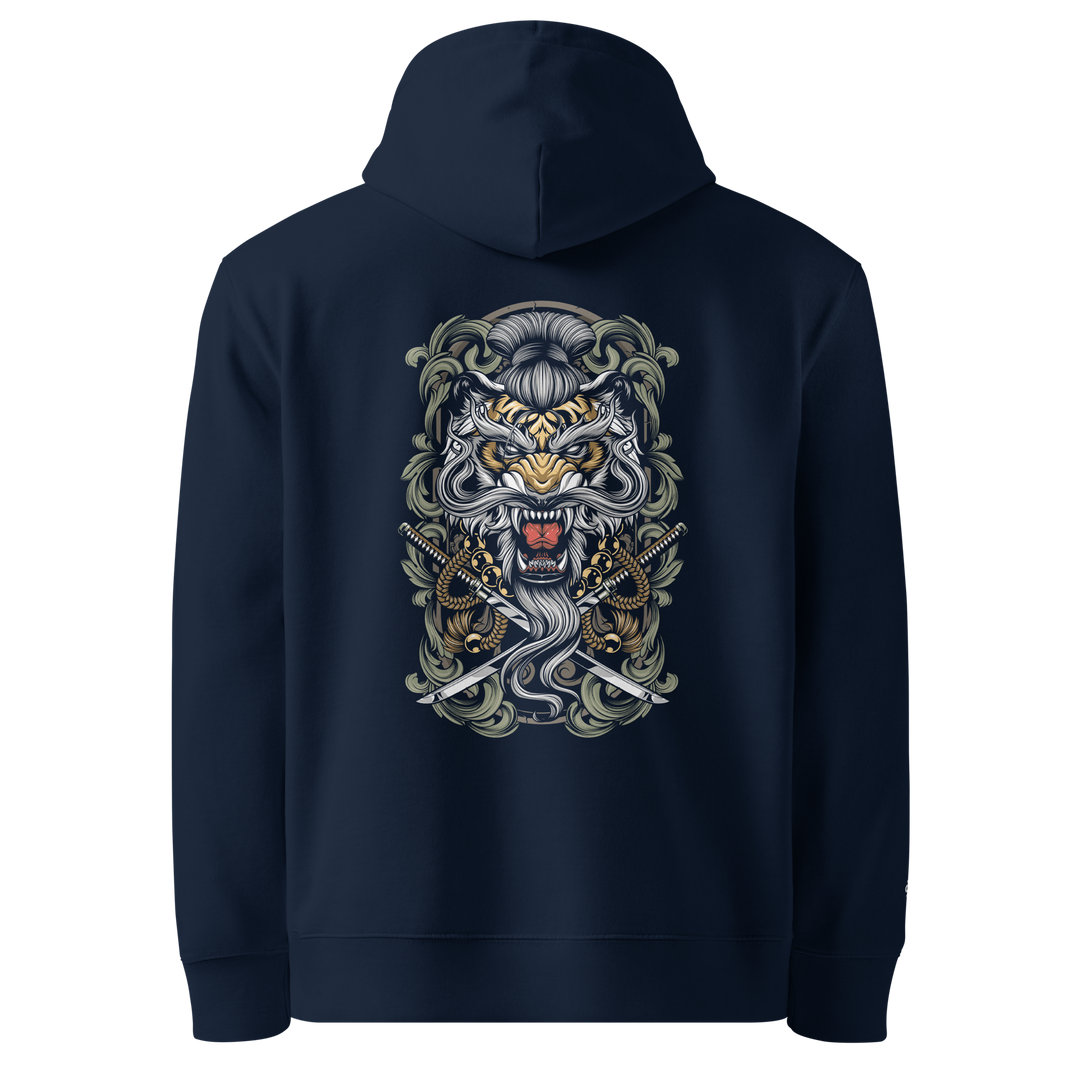 French Navy Takeshi's Tiger Graphic Hoodie with a detailed back print of a tiger head wearing a beaded necklace.