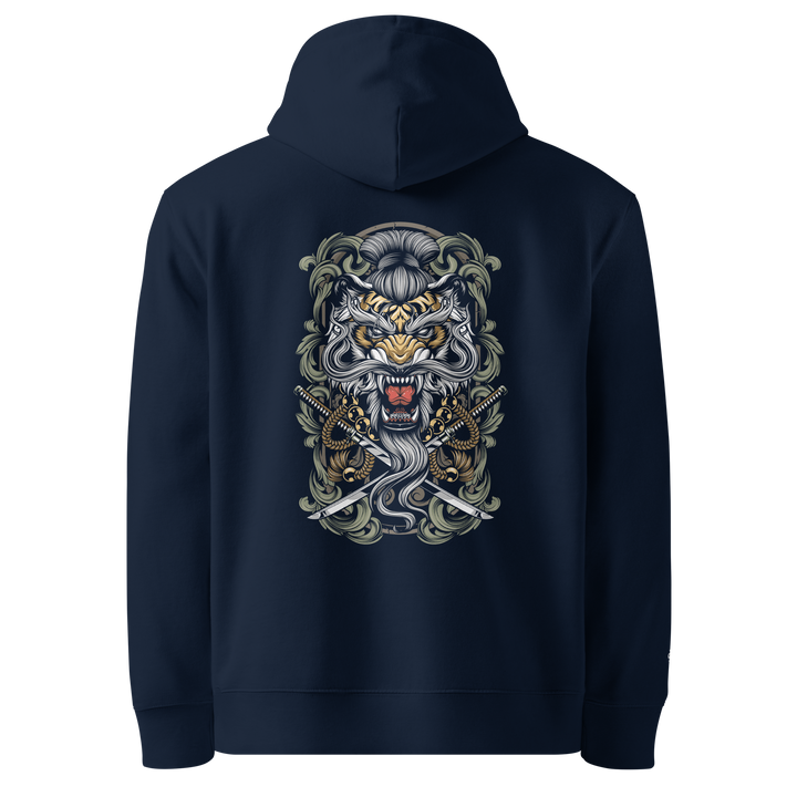 French Navy Takeshi's Tiger Graphic Hoodie with a detailed back print of a tiger head wearing a beaded necklace.