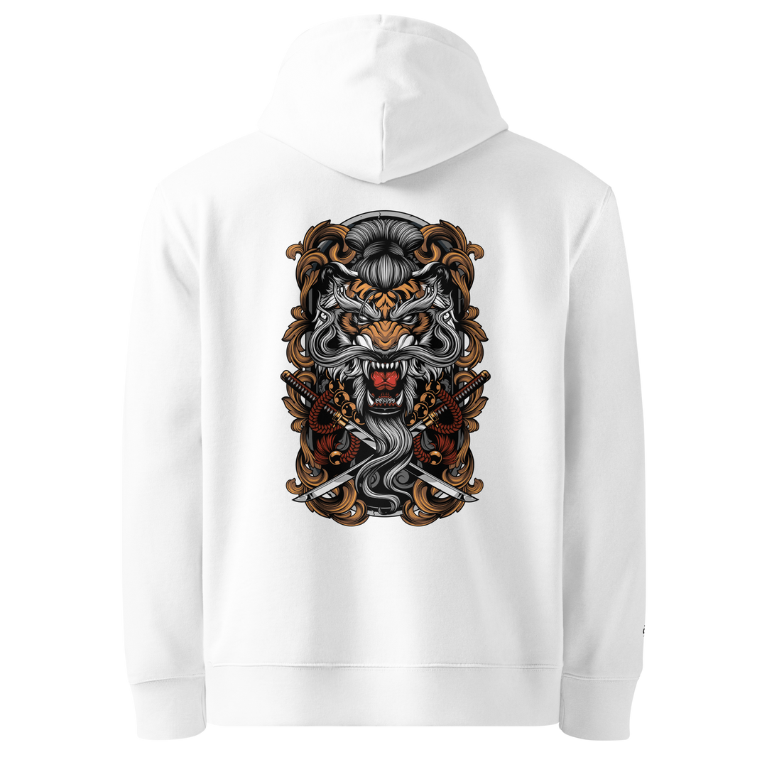 White Takeshi's Tiger Graphic Hoodie with a detailed back print of a tiger head wearing a beaded necklace.