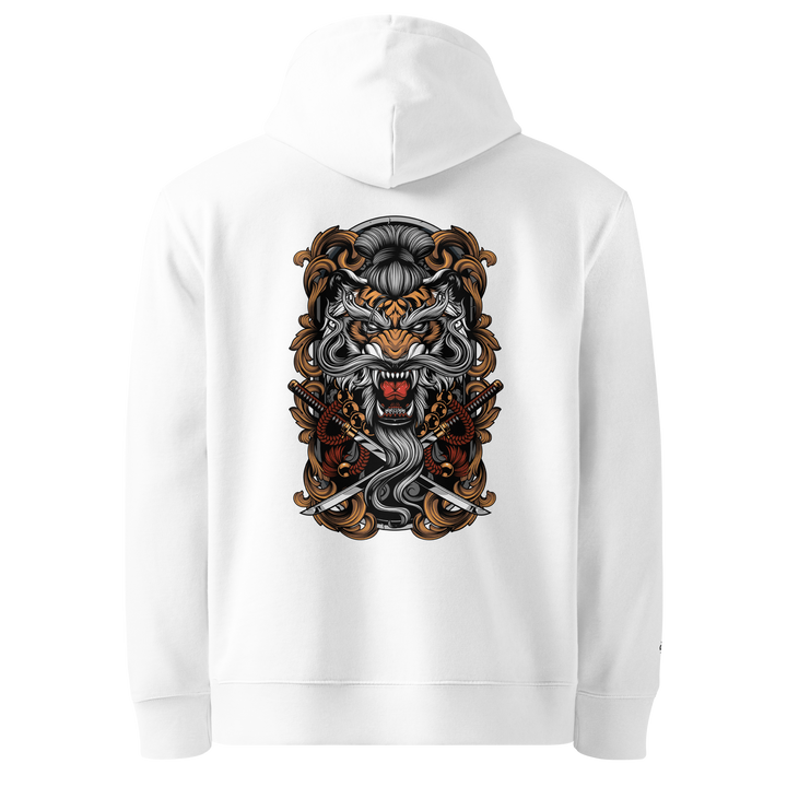 White Takeshi's Tiger Graphic Hoodie with a detailed back print of a tiger head wearing a beaded necklace.