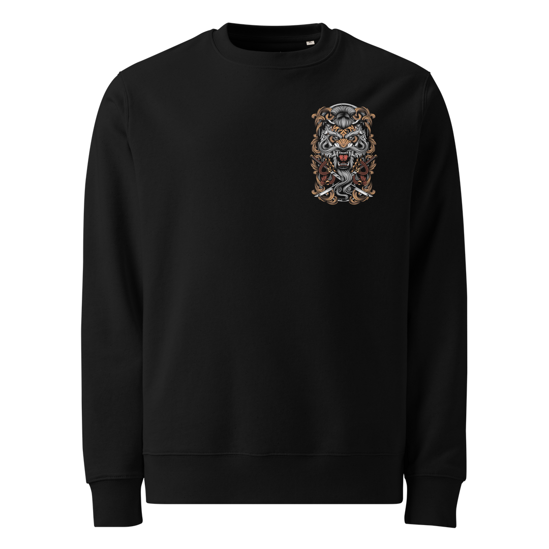 Black Takeshi's Tiger Graphic Sweatshirt featuring a tiger adorned with beads and surrounded by leaves, inspired by Japanese tattoo art