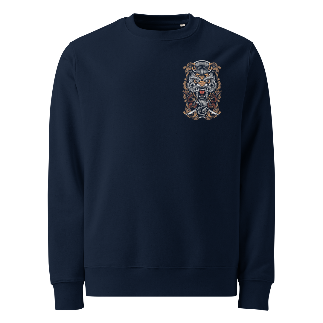 French Navy Takeshi's Tiger Graphic Sweatshirt with a bold tiger and leaves design, blending Japanese tattoo art and streetwear