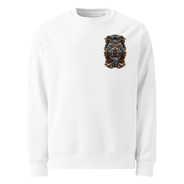 White Takeshi's Tiger Graphic Sweatshirt featuring a tiger design with beads and leaves, inspired by Japanese Irezumi tattoo art