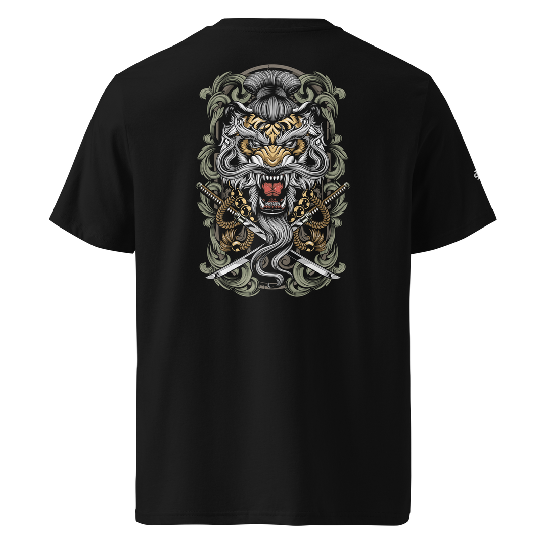 Black Takeshi's Tiger Graphic Tee featuring a bold back print of a tiger, inspired by Japanese Irezumi tattoo art