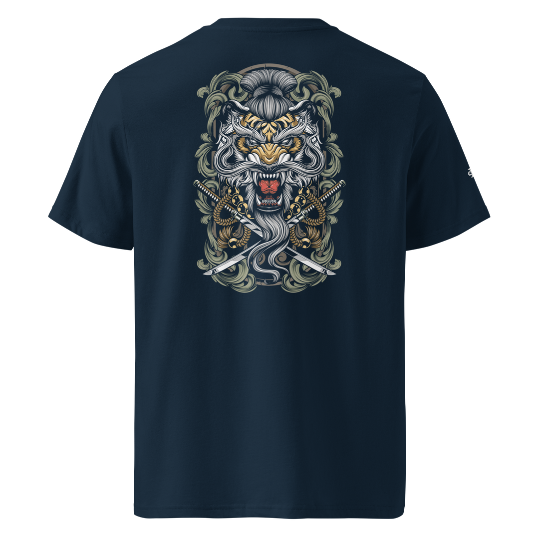 French Navy Takeshi's Tiger Graphic Tee featuring a bold back print of a tiger surrounded by Japanese tattoo motifs