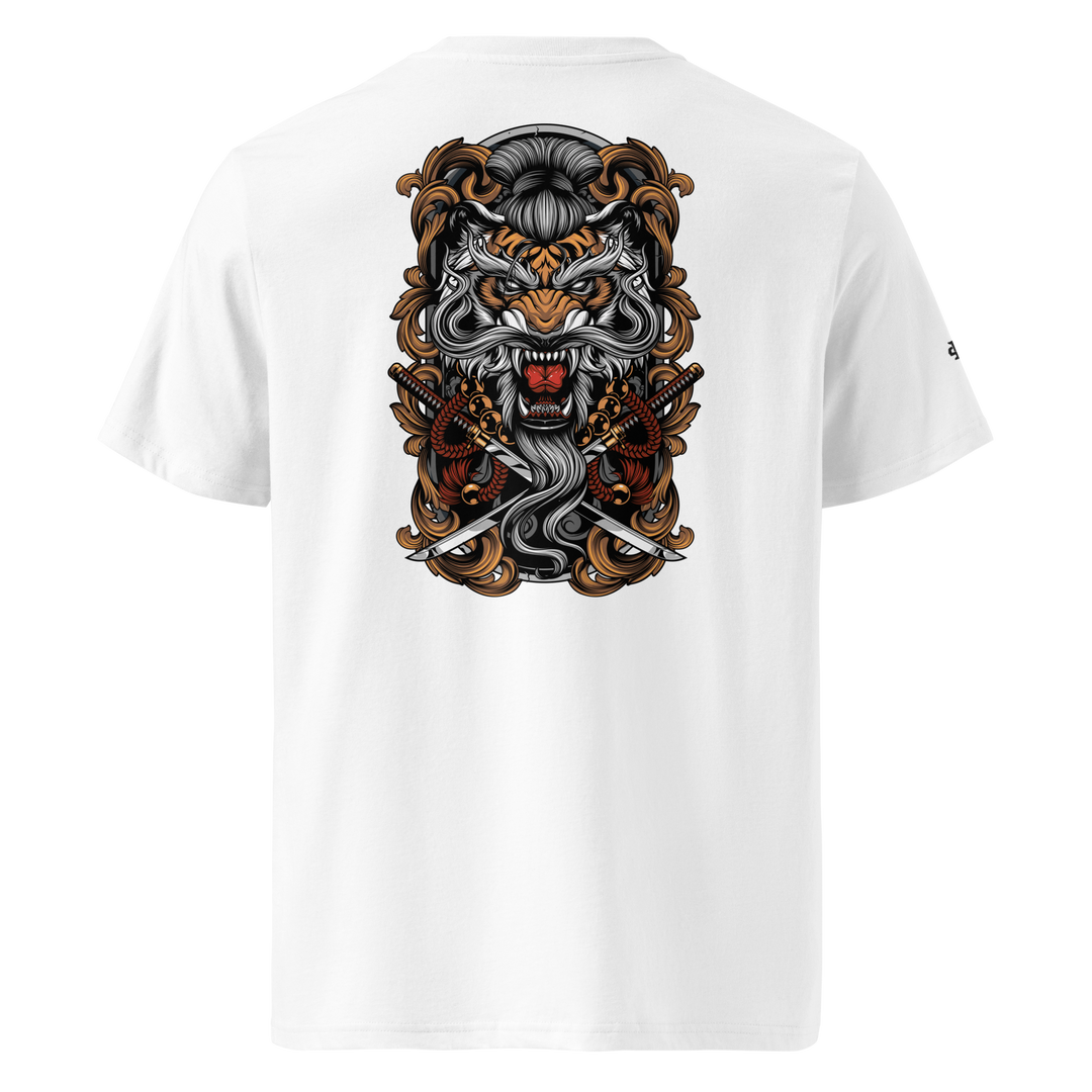 White Takeshi's Tiger Graphic Tee featuring a back print of a fierce tiger climbing through Irezumi-style motifs