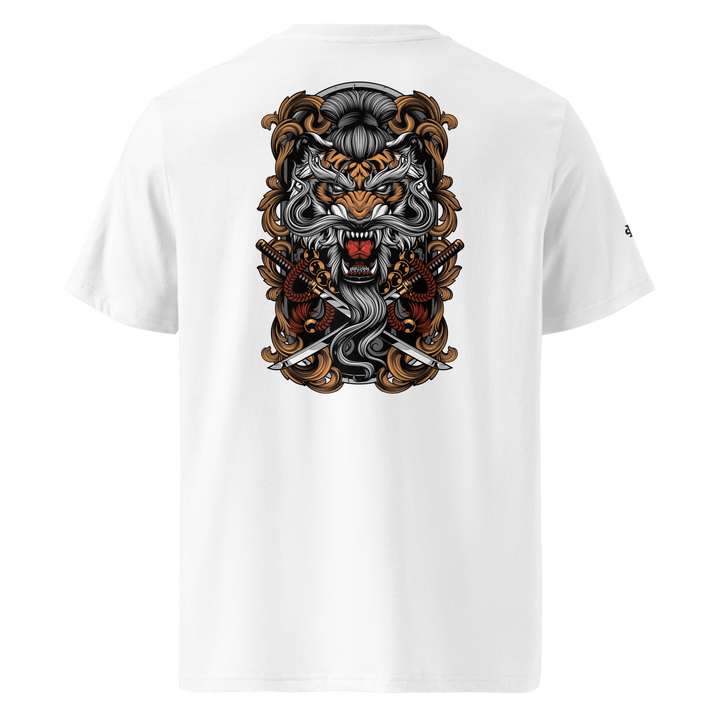 White Takeshi's Tiger Graphic Tee featuring a back print of a fierce tiger climbing through Irezumi-style motifs