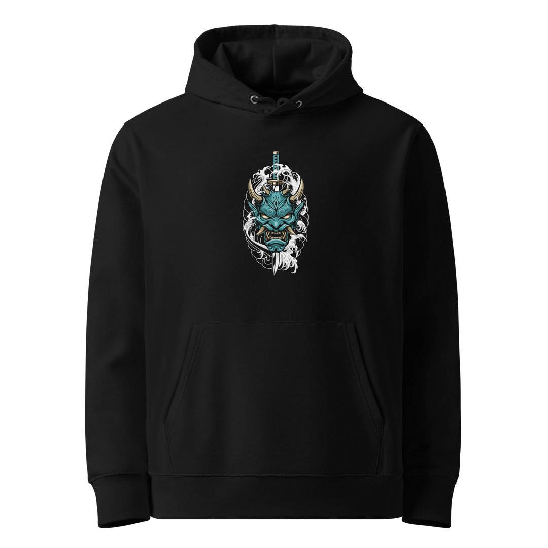 Teal Oni Mask Hoodie – Front center print featuring a teal-colored samurai-inspired oni mask with swirling smoke on a black hoodie.