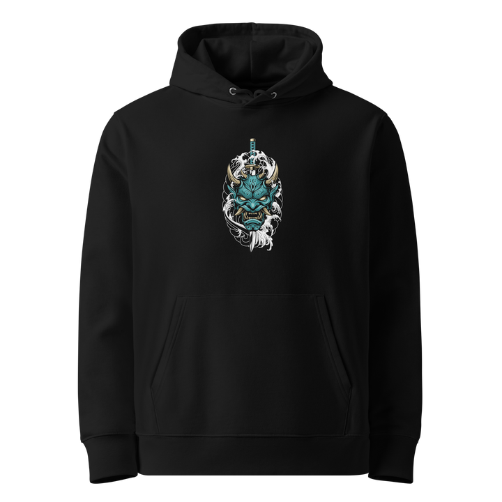 Teal Oni Mask Hoodie – Front center print featuring a teal-colored samurai-inspired oni mask with swirling smoke on a black hoodie.