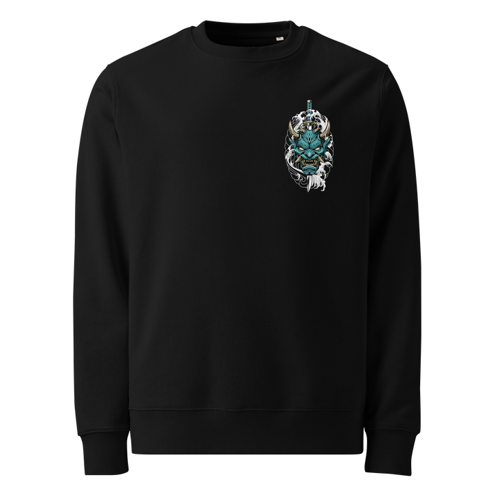 Teal Oni Mask Sweatshirt – Left chest print featuring a blue-green Oni mask with katana and traditional Japanese Irezumi waves on a black sweatshirt.