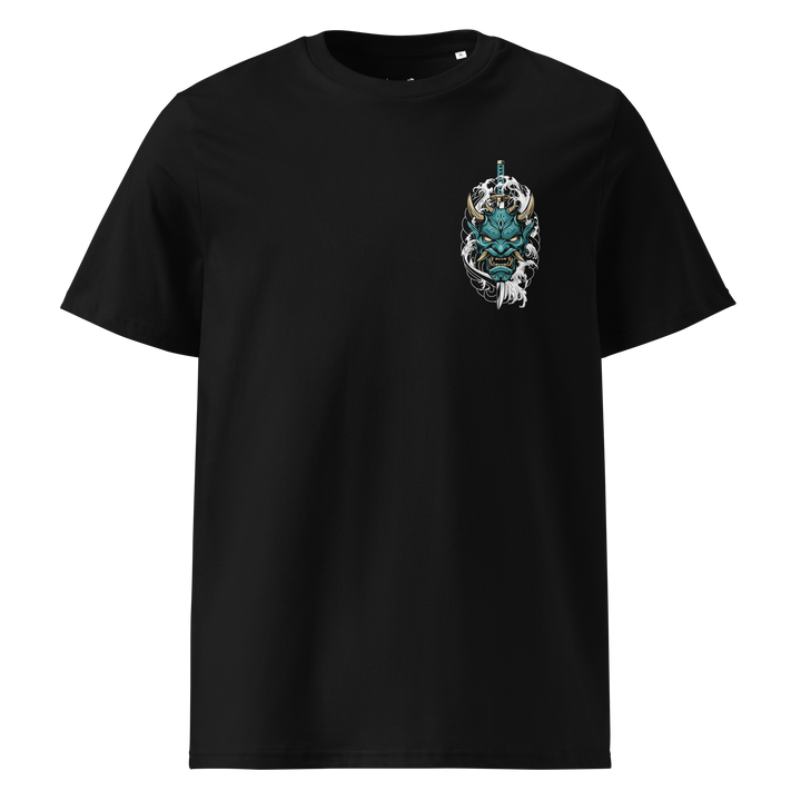 Teal Oni Mask Tee – Japanese Irezumi-inspired demon mask with katana and wave patterns on a black t-shirt.