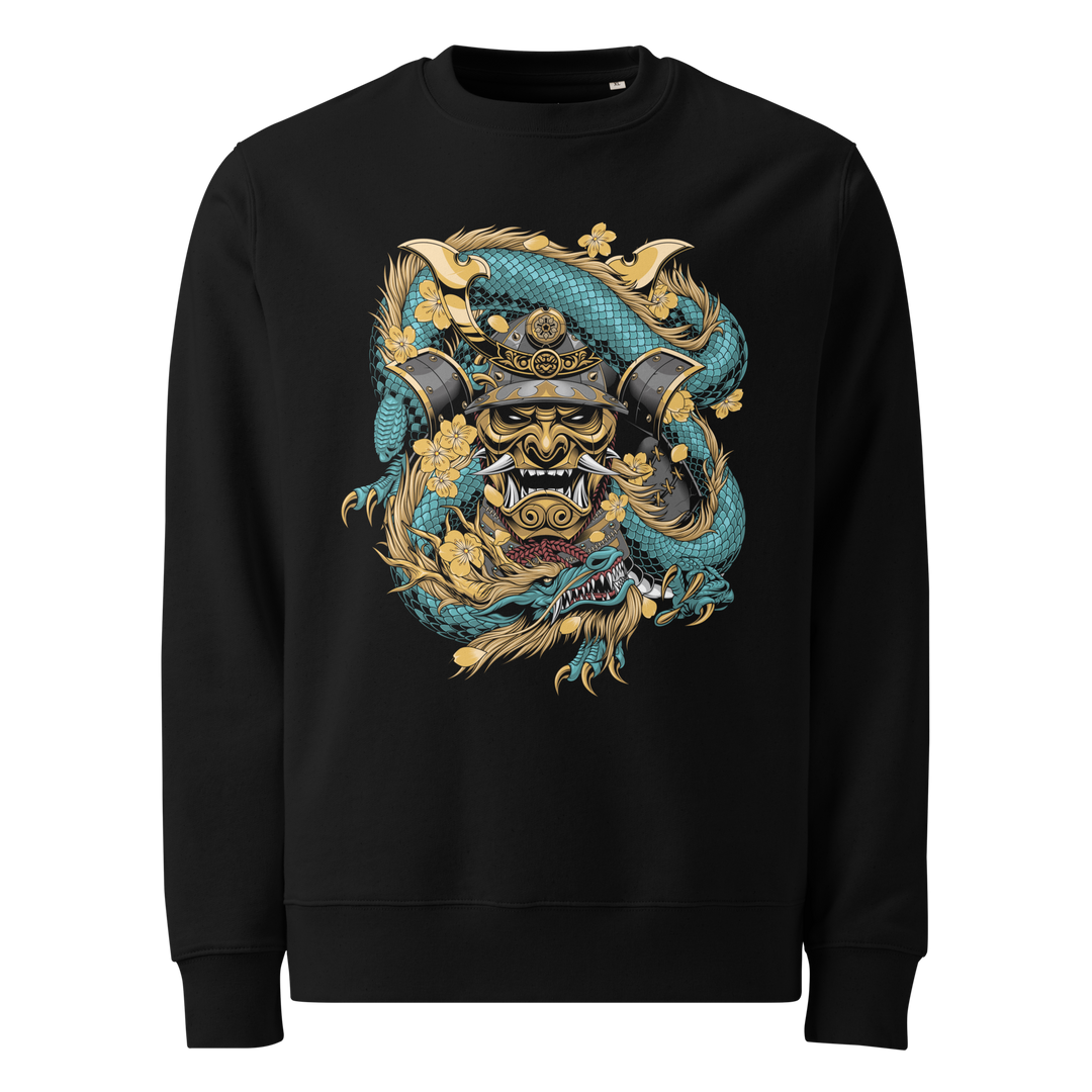 Teal Samurai Mask Embraced front print on a black sweatshirt, featuring a samurai mask entwined with a coiled teal dragon and surrounded by intricate wave patterns.