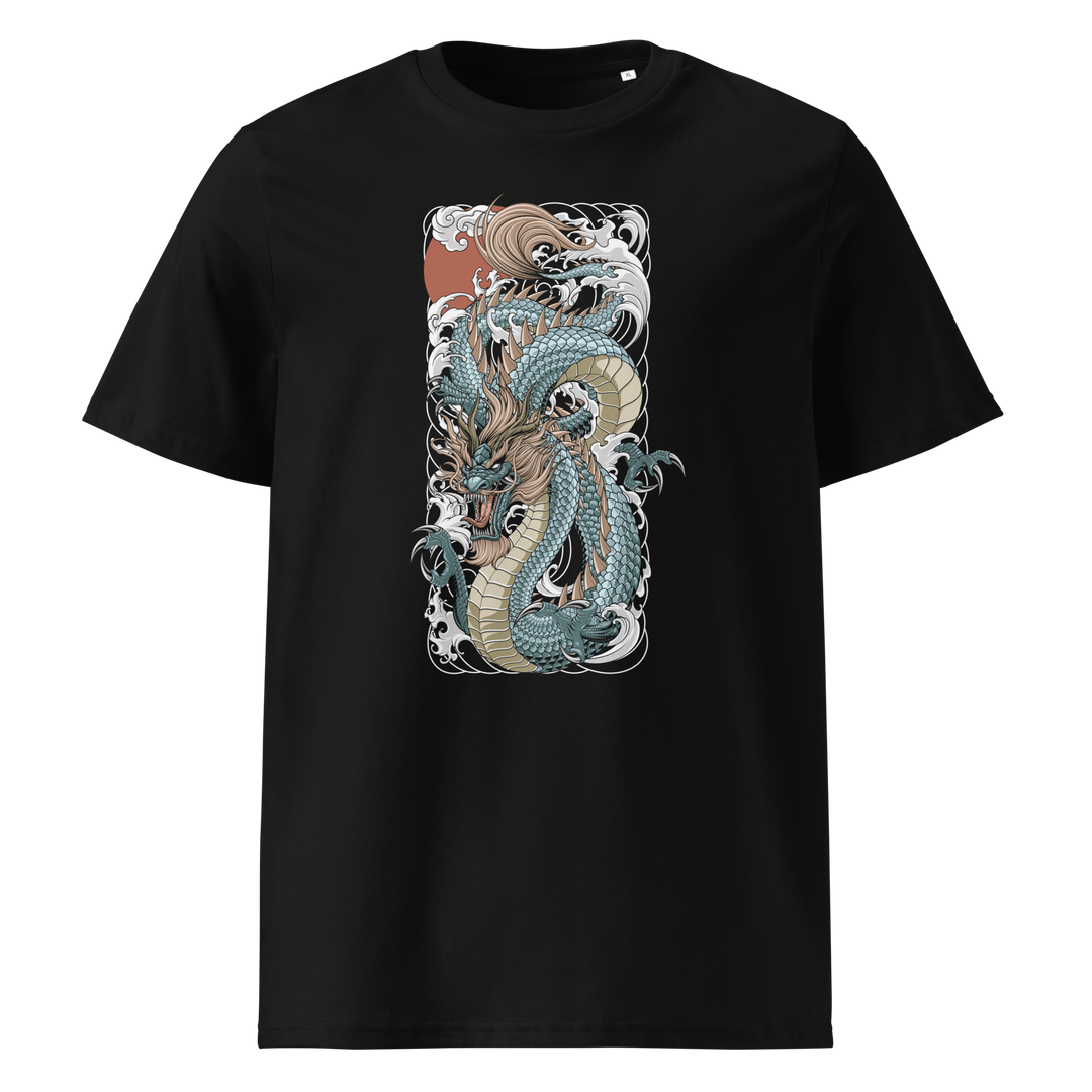 A premium black t-shirt featuring a detailed teal dragon design surrounded by waves and a radiant sun, inspired by Japanese mythology.
