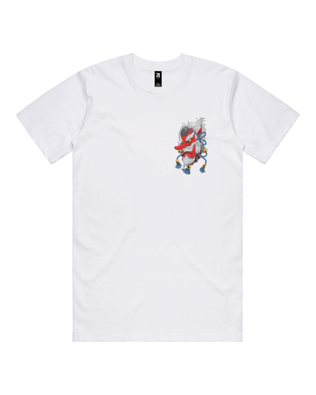 White graphic t-shirt with Japanese tengu left chest print